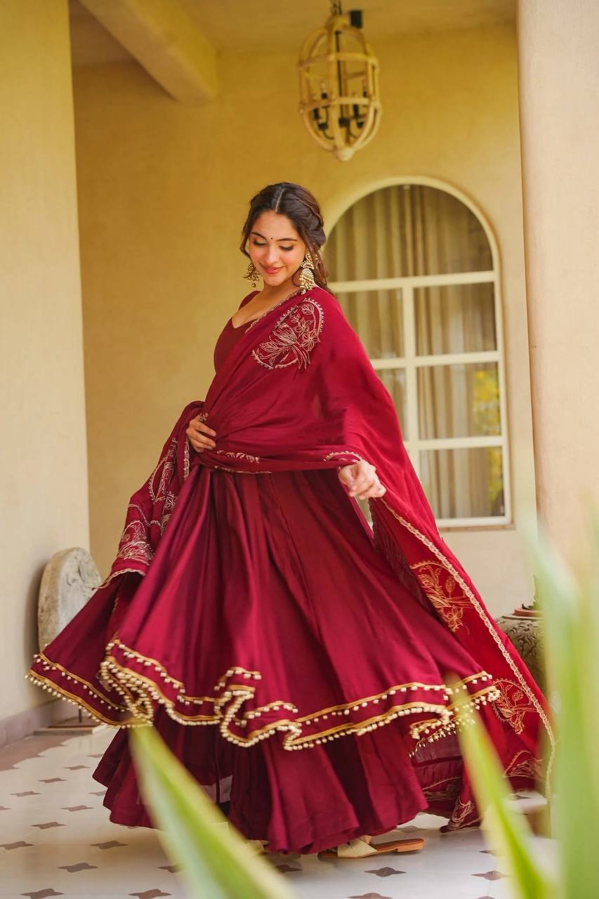 Regal Crimson Red Flared Anarkali Suit Set Adorned with Heritage Gold Motifs and Pearl-Embellished Scalloped Borders